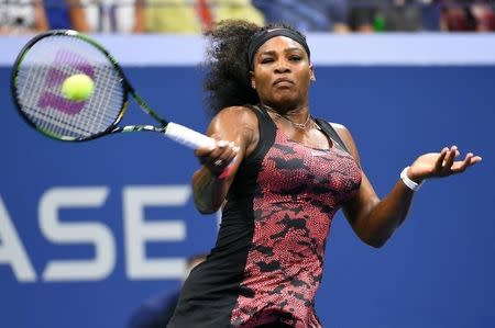 Sep 8, 2015; New York, NY, USA; Serena Williams of the USA hits to Venus Williams of the USA on day nine of the 2015 U.S. Open tennis tournament at USTA Billie Jean King National Tennis Center. Mandatory Credit: Robert Deutsch-USA TODAY Sports