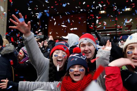Feb 4, 2015; Boston, MA, USA; New England Patriots fans cheer during the Super Bowl XLIX-New England Patriots Parade. Greg M. Cooper-USA TODAY Sports