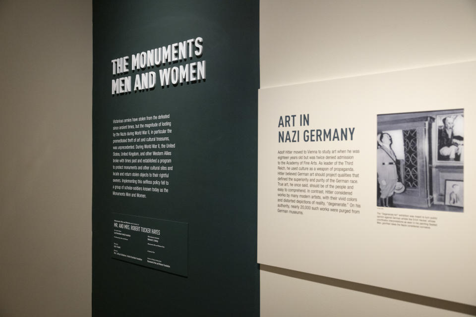 The Monuments Men and Women exhibition is displayed at The National WWII Museum's Liberation Pavilion, which opened in November of 2023, in New Orleans, Thursday, Feb. 15, 2024. (AP Photo/Christiana Botic)
