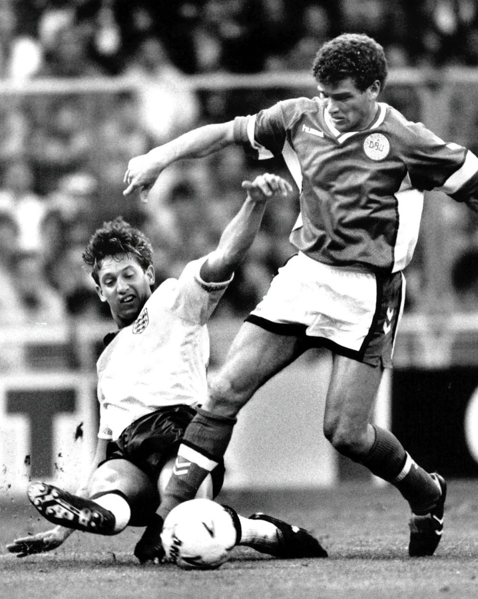Gary Lineker tackles John Jensen during the England v Denmark match at Wembley stadium, 1992. To buy this print, click here. (David Ashdown/The Independent)