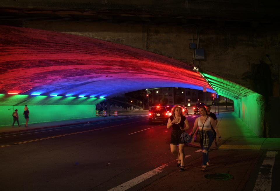 In the city at night, the tunnel leading from Franklin Street to Green Street is aglow Friday,