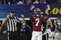 Alabama wide receiver Ja'Corey Brooks (7) celebrates after catching a pass and scoring a touchdown against Cincinnati during the first half of the Cotton Bowl NCAA College Football Playoff semifinal game, Friday, Dec. 31, 2021, in Arlington, Texas. (AP Photo/Jeffrey McWhorter)