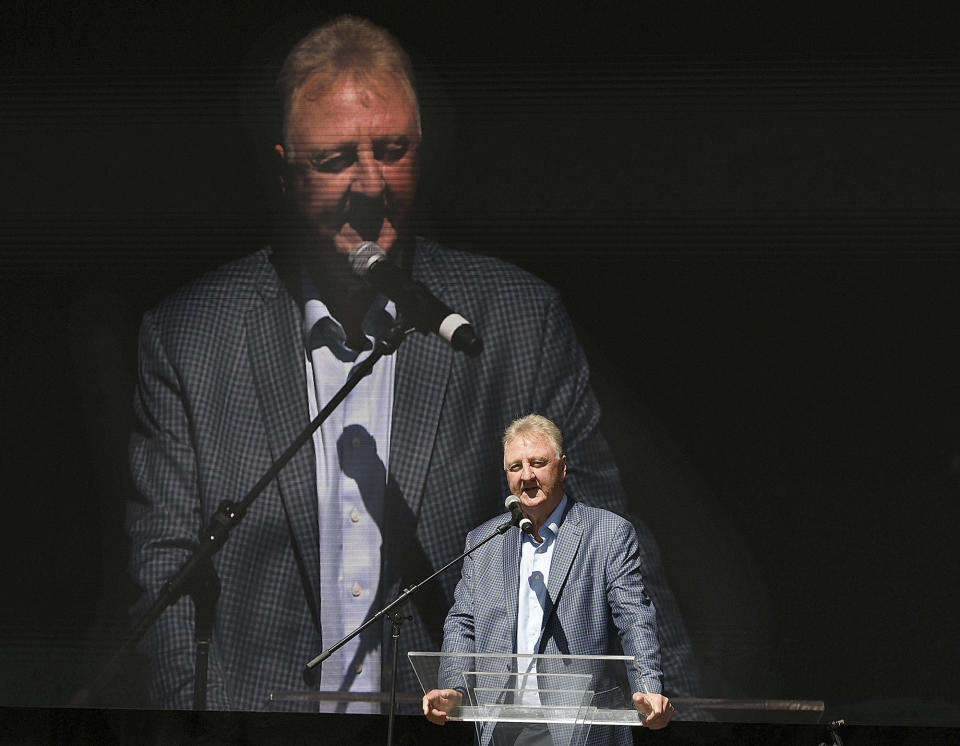 Indiana State University and Boston Celtics great Larry Bird thanks the crowd for attending during the grand opening ceremony for the Larry Bird Museum, Thursday, May 30, 2024, in Terre Haute, Ind. (Joseph C. Garza/The Tribune-Star via AP)