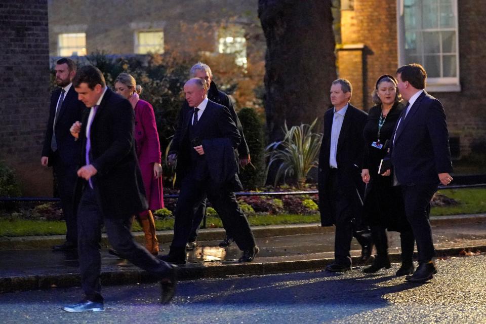 Conservative MPs Jonathan Gullis (left), Miriam Cates (third left), Marco Longhi (centre), Danny Kruger (centre back), Neil O’Brien (third right) and Jill Mortimer (second right) (PA)