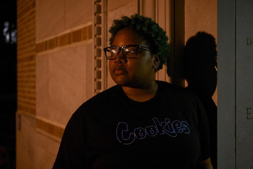 Aniyah Johnson, a freshman at Rice University, poses for a portrait on campus in Houston, Texas, US, on Tuesday, Sept. 26, 2023. In June, Gov. Greg Abbott signed a bill that prohibits diversity, equity and inclusion offices in Texas public colleges and universities starting in 2024.