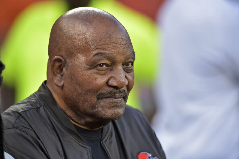 Former Cleveland Browns Jim Brown is shown before a game between the Rams and Browns in 2019