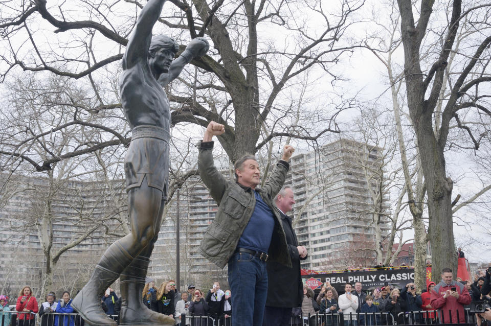 Sylvester Stallone, accompanied by Philadelphia Mayor Jim Kenney, raise his fists at the Rocky statue as the legendary &#39;Rocky Balboa&#39; actor returns for a visit to Philadelphia, PA, on April 6, 2018 to promote the upcoming Creed II. The filming started this week for  the latest film in the Rocky/Creed franchise. (Photo by Bastiaan Slabbers/NurPhoto via Getty Images)