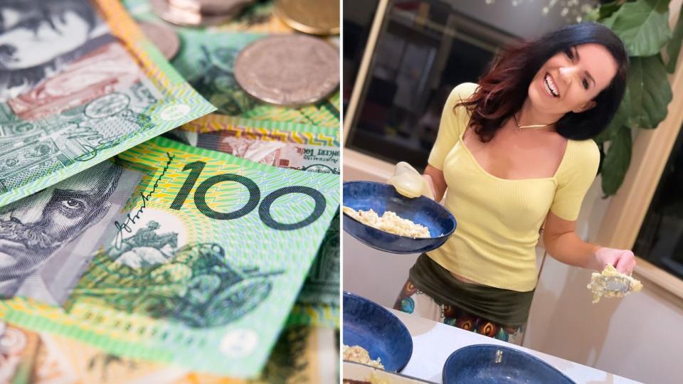 Compilation image of pile of money and Nicole cooking her money-saving recipe