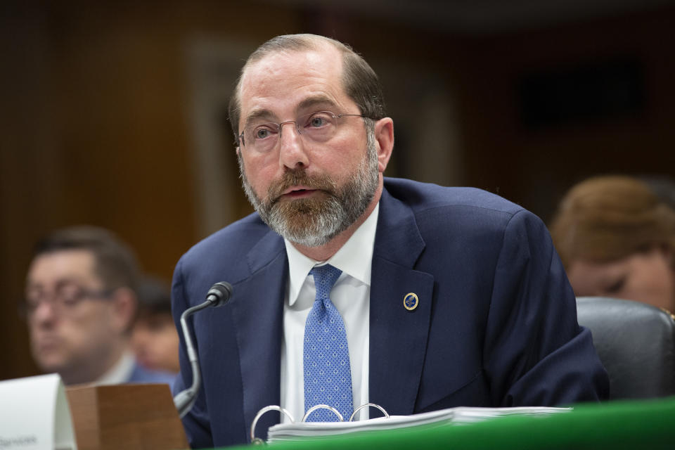 Alex Azar, secretary of Health and Human Services (HHS), speaks during a Senate Appropriations Subcommittee hearing in Washington, D.C. on Feb. 25, 2020. )Stefani Reynolds/Bloomberg via Getty Images)