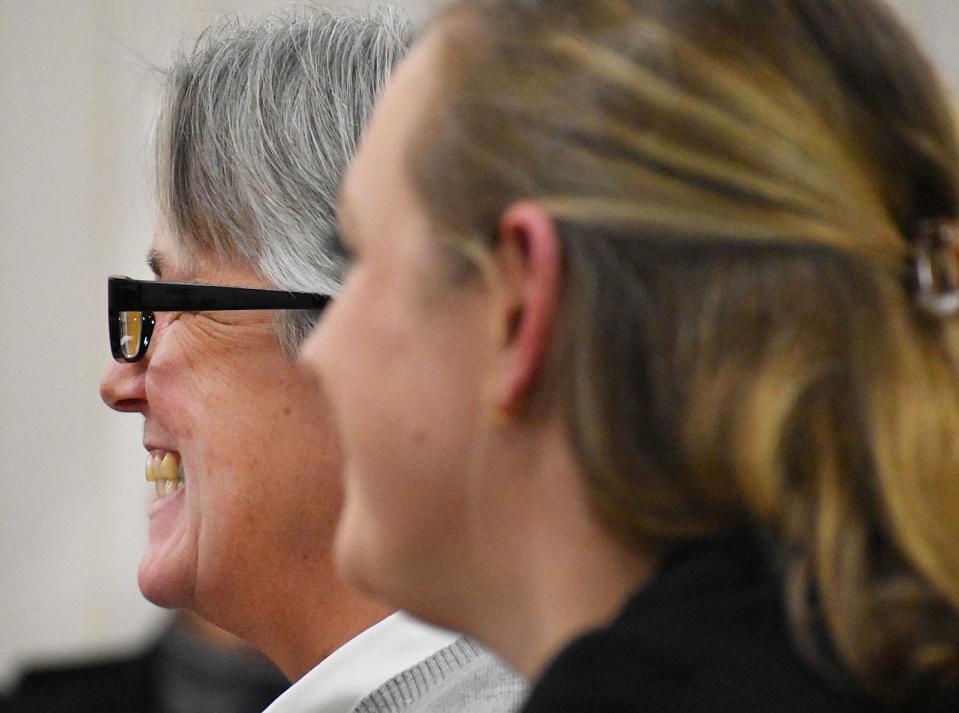 Convicted murderer Robin Murphy smiles during her parole hearing in Natick on Tuesday, March 5, 2024.