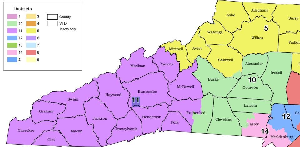 The current 11th Congressional District, which covers 15 of North Carolina's westernmost counties, including all of Buncombe and half of Rutherford.