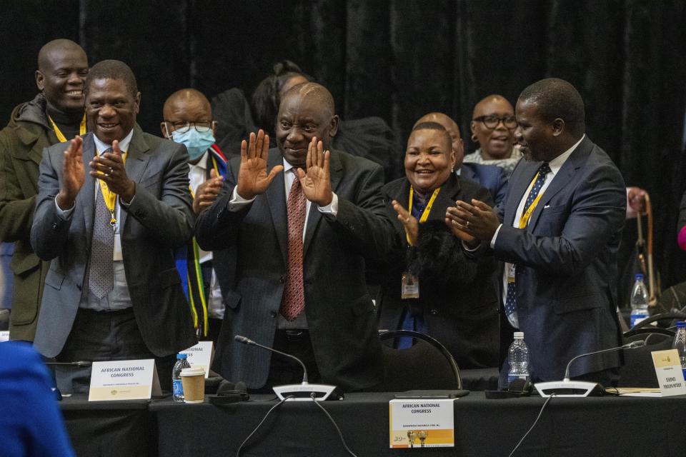 South African président Cyril Ramaphosa reacts after being reelected as leader of the country in Cape Town, South Africa, Friday, June 14, 2024. (AP Photo/Jerome Delay)