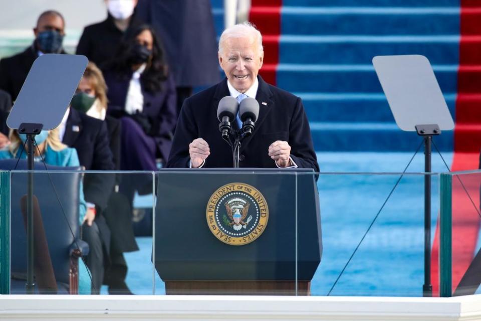 President Joe Biden delivers his inaugural address on the Capitol on 20 January: ‘A cry for racial justice some 400 years in the making moves us. The dream of justice for all will be deferred no longer.’