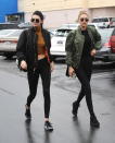 <p>Matching aviators, leggings, sneakers and bombers for last minute shopping in L.A. <i>(Splash News)</i></p>