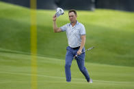 Justin Thomas waves after the third round of the PGA Championship golf tournament at the Valhalla Golf Club, Saturday, May 18, 2024, in Louisville, Ky. (AP Photo/Sue Ogrocki)