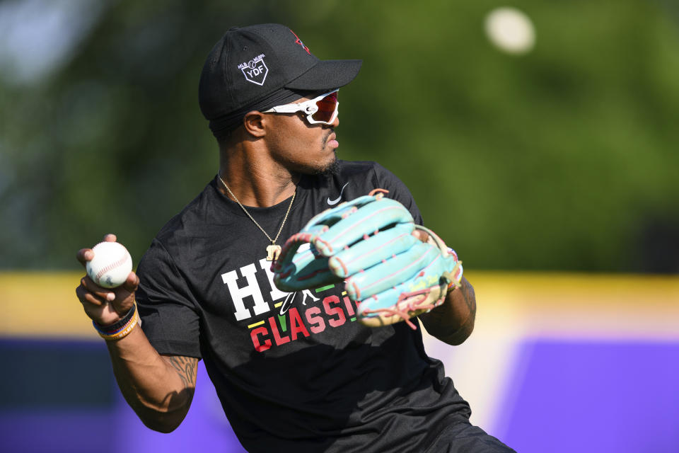 Mississippi Valley State University's Narvin Booker throws the ball during a workout the day before the HBCU Swingman Classic during the 2023 All Star Week, Thursday, July 6, 2023, in Seattle. (AP Photo/Caean Couto)