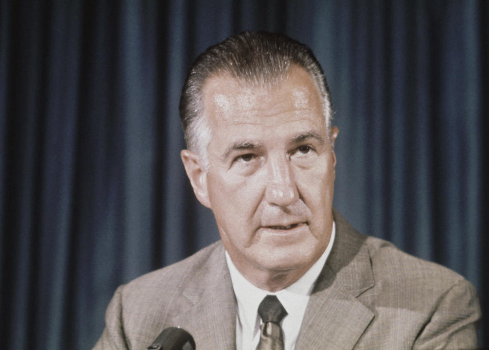 FILE - Vice President Spiro Agnew speaks as he attends the National Congress of American Indians convention in Albuquerque, N.M., Oct. 10, 1969. Agnew’s resignation was announced by his attorney, and the former vice president expeditiously pleaded no contest to failing to report $29,500 in federal taxes in 1967. In exchange, federal prosecutors declined to bring far more serious charges of bribery, extortion and conspiracy. (AP Photo, File)