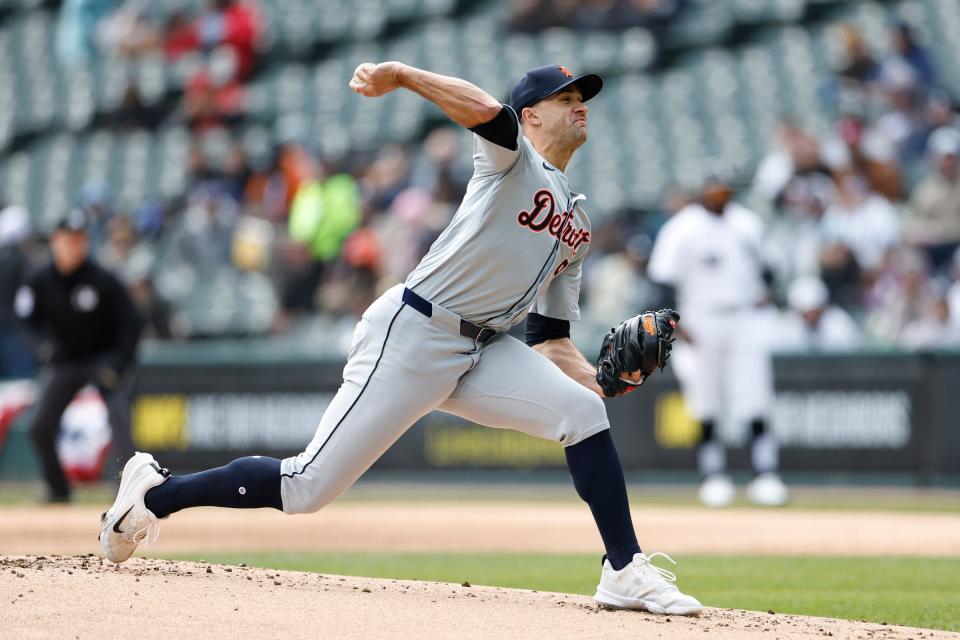 Detroit Tigers starting pitcher Jack Flaherty delivers a pitch against the Chicago White Sox during the first inning at Guaranteed Rate Field in Chicago, Illinois on Sunday, March 31, 2024.