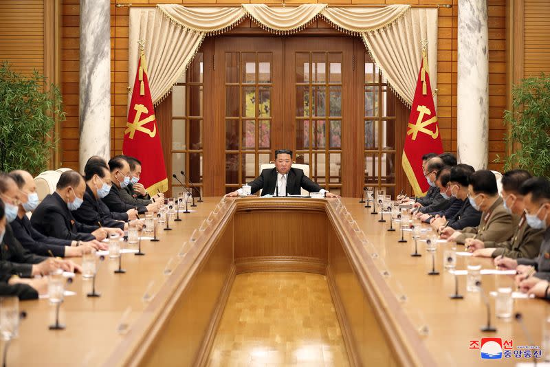 North Korean leader Kim Jong Un chairs a Worker's Party meeting on coronavirus disease (COVID-19) outbreak response