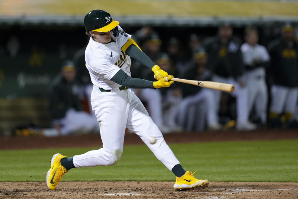 Oakland Athletics’ Zack Gelof strikes out during the sixth inning of the team’s baseball game against the Cleveland Guardians, Thursday, March 28, 2024, in Oakland, Calif. (AP Photo/Godofredo A. Vásquez)