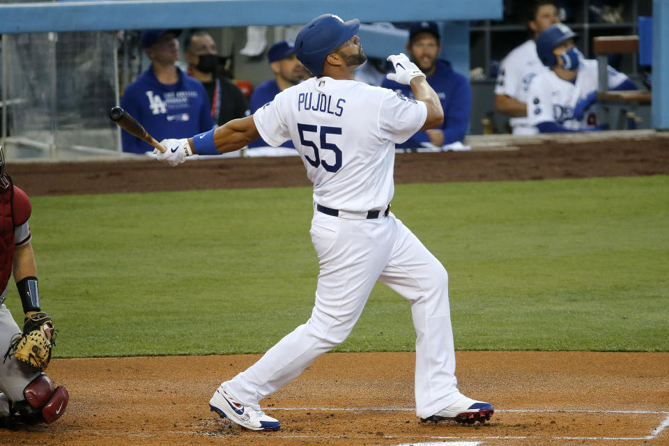 加盟道奇的老將Albert Pujols，今在面對響尾蛇的比賽中掃出關鍵2分砲 (Gary Coronado / Los Angeles Times via Getty Images)