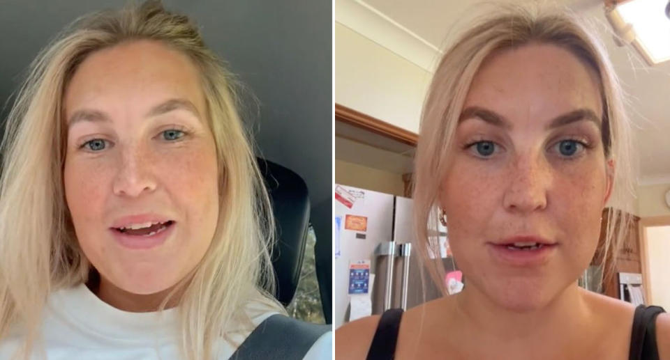 Brooke Bliss in a still from a TikTok filmed in her car (left) and in her kitchen (right).