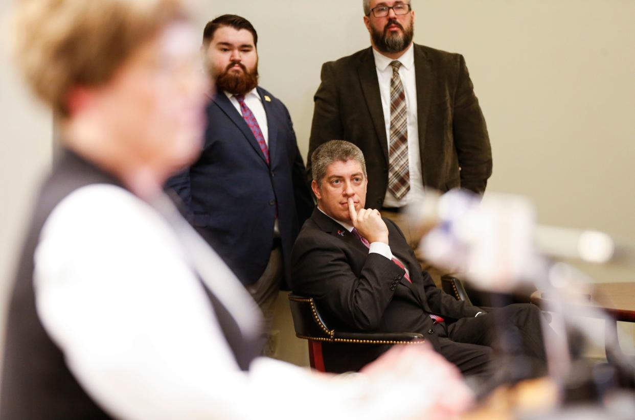 Freedom Caucus member Sen. Bill Eigel listens to Senate Floor Leader Cindy O'Laughlin speak at a press conference at the Missouri State Capitol Building on Thursday, Jan. 4, 2024.