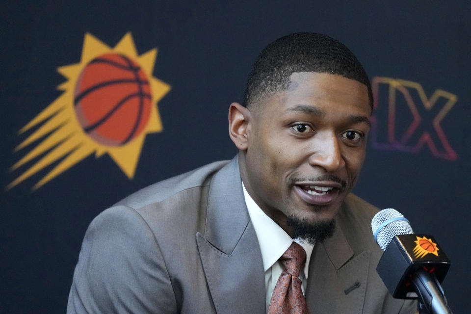 New Phoenix Suns guard Bradley Beal answers a question during an NBA basketball news conference Thursday, June 29, 2023, in Phoenix. (AP Photo/Ross D. Franklin)