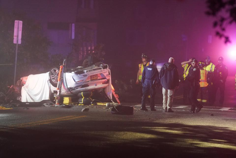 The scene where two people were reportedly killed after a vehicle crashed into a tree on Teaneck Road near Hamilton Road in Teaneck, NJ around 2:45 a.m. on October 21, 2023.