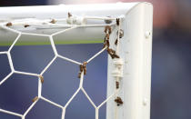 <p>A swarm of moths resting on the netting of the goal before the UEFA Euro 2016 game. </p>