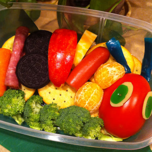 Fruit and vegetables were used to make The Very Hungry Caterpillar box. Heather also added Oreo cookies for a special treat.<br><br>Photo: Heather Sitarzewski<br>