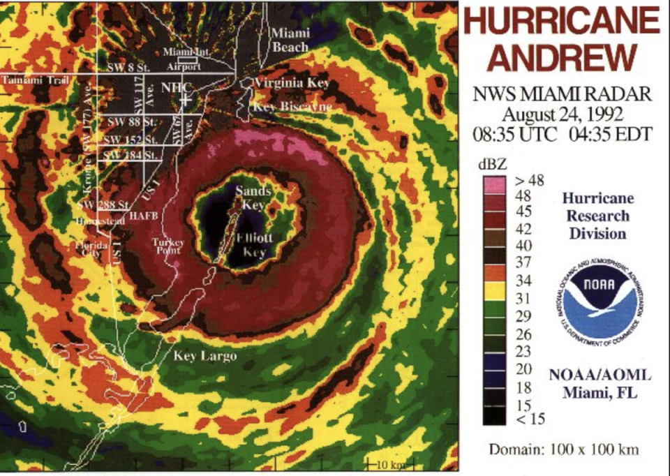 The National Weather Service’s radar map of Hurricane Andrew has resurfaced on the 30th anniversary of the storm which devastated Florida and other parts of the south (NOAA)
