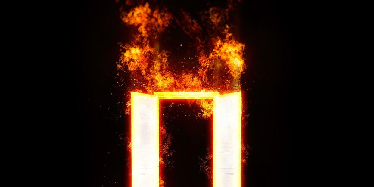 3d illustration of a door wrapped in burning flame