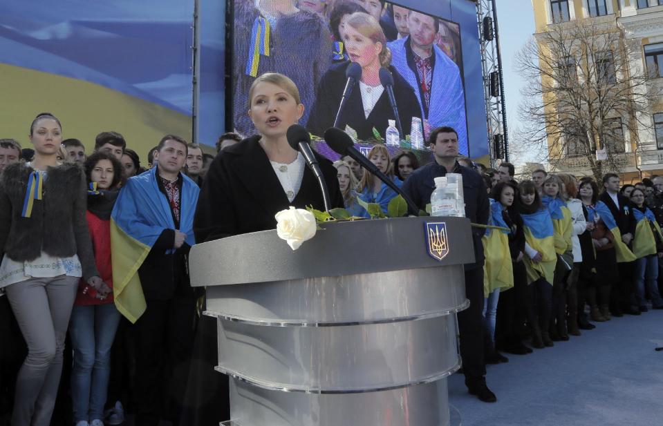 Former Ukrainian Prime Minister Yulia Tymoshenko, delivers her speech, during the Batkivshchina (Fatherland) party congress in Kiev, Ukraine, Saturday, March 29, 2014. Tymoshenko, declared this week that she will "be the candidate of Ukrainian unity." The May 25 election is taking place against the backdrop of the annexation of Crimea, Ukraine's dire economic straits and rumblings of discontent in the country's mainly Russian-speaking eastern provinces. (AP Photo/Efrem Lukatsky)
