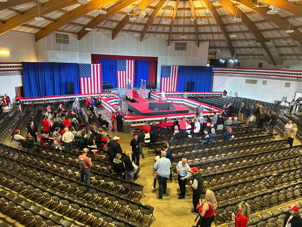 Supporters begin filing into Waukesha County Expo Center in Waukesha, Wis. where former president Donald Trump will take the stage.