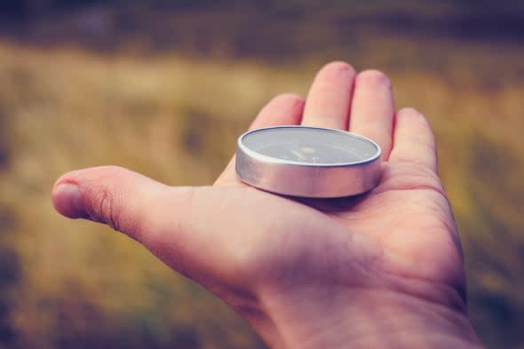 hand holding a compass in the...