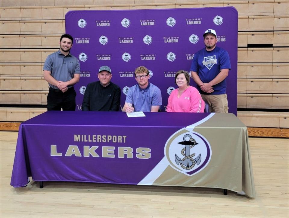 Millersport’s Michael Levacy recently signed to play college baseball at Ohio Christian University after a standout high school career. Seated with Levacy are his parents, Mike and Jen Levacy, and standing are Millersport head baseball coach Cooper Vest and assistant coach Bob Barker.
