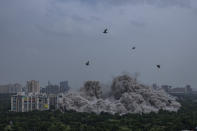 Cloud of dust rises as twin high-rise apartment towers are leveled to the ground in a controlled demolition in Noida, outskirts of New Delhi, India, Sunday, Aug. 28, 2022. The demolition was done after the country's top court declared them illegal for violating building norms. The 32-story and 29-story towers, constructed by a private builder were yet to be occupied and became India's tallest structures to be razed to the ground. (AP Photo/Altaf Qadri)