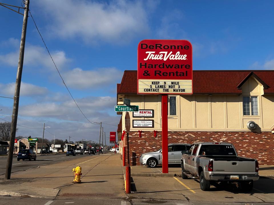 DeRonne's Hardware & Rental, at 18561 E. Nine Mile, is protesting the approved Nine Mile road diet plans with a sign reading "Keep 9 Mile 5 Lanes Not 3 Contact the Mayor" outside of its shop on Saturday, Feb. 10.