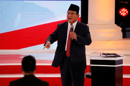 Indonesia's presidential candidate Prabowo Subianto speaks during a debate with his opponent Joko Widodo (not pictured) in Jakarta, Indonesia, February 17, 2019. REUTERS/Willy Kurniawan
