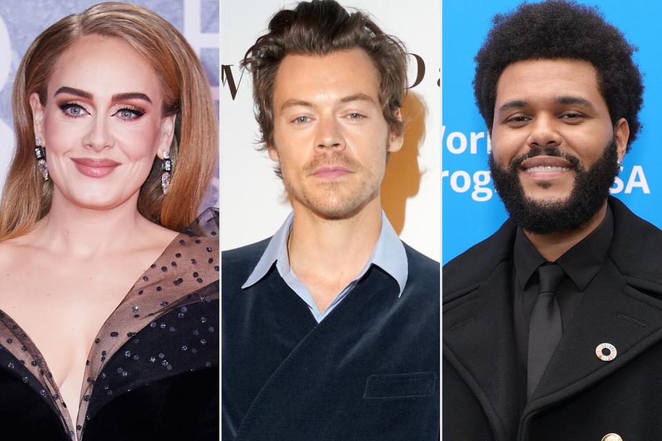 LONDON, ENGLAND - FEBRUARY 08: (EDITORIAL USE ONLY) Adele attends The BRIT Awards 2022 at The O2 Arena on February 08, 2022 in London, England. (Photo by Gareth Cattermole/Getty Images); NEW YORK, NEW YORK - SEPTEMBER 19: Harry Styles attends the "Don't Worry Darling" photo call at AMC Lincoln Square Theater on September 19, 2022 in New York City. (Photo by Kevin Mazur/WireImage); WEST HOLLYWOOD, CALIFORNIA - OCTOBER 07: The Weeknd attends the U.N. World Food Programme as it welcomes The Weeknd as a Goodwill Ambassador on October 07, 2021 in West Hollywood, California. (Photo by Rich Fury/Getty Images for U.N. World Food Programme)