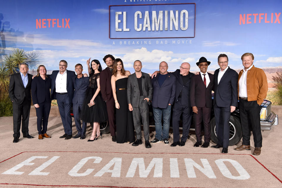 The "El Camino: A Breaking Bad Movie" cast and crew celebrate the film premiere at Regency Village Theatre on October 07, 2019 in Westwood, California. 