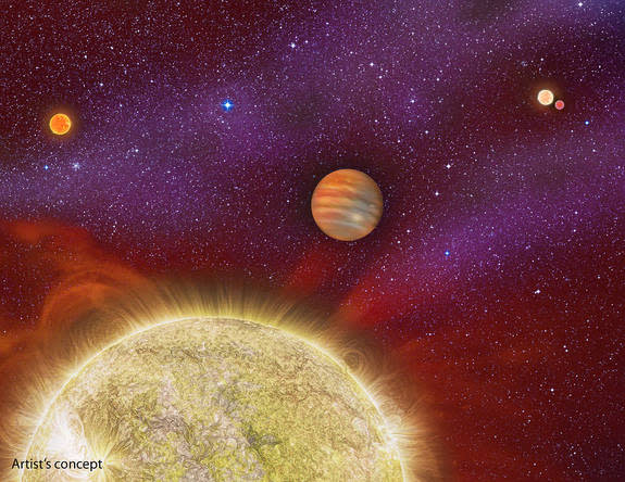 An artist’s concept of the four-star system shows a gas giant orbiting its primary star (yellow), while the newfound red dwarf star (upper left) circles nearby. In the distance lie another pair of stars (upper right).