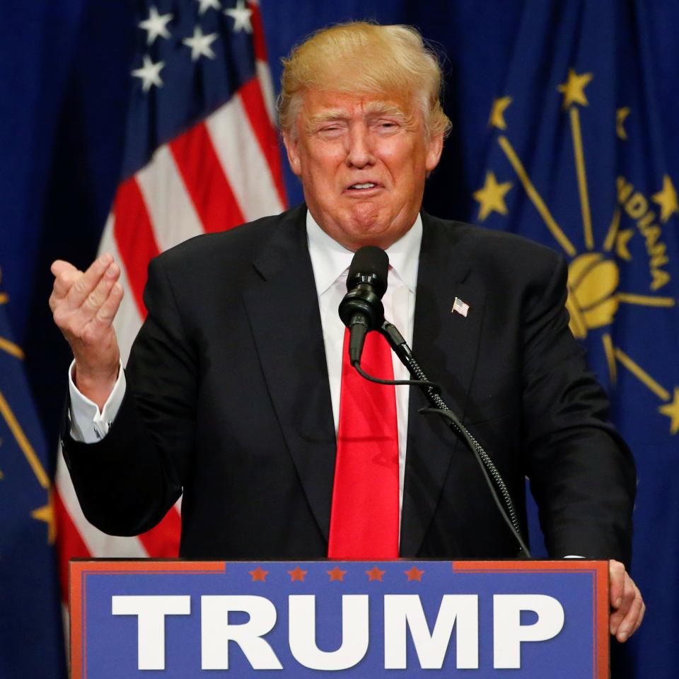 Republican presidential candidate Donald Trump speaks during a campaign rally at the Century Center in South Bend, Indiana, May 2, 2016.