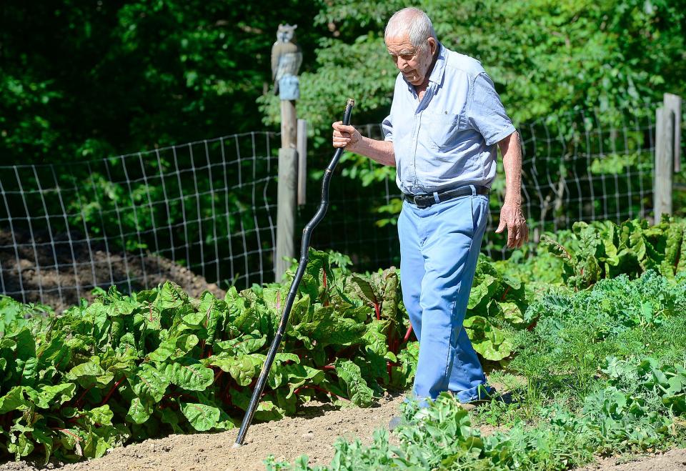 Mario Pennesi, then 97, walks through his Hancock-area garden in 2016.