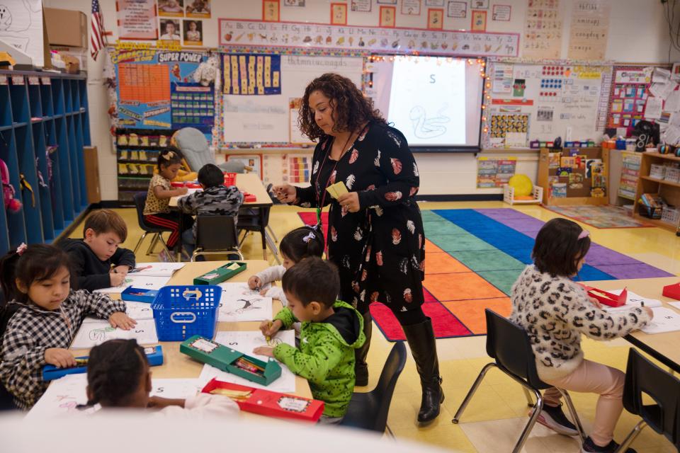 Oct 24, 2023; Clifton, NJ, USA; Marina Moore-Tuesta teaches students in her kindergarten class phonemic awareness and foundational reading skills at Clifton School 17 on Tuesday, Oct. 14, 2023.