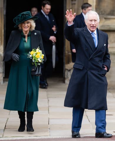 <p>Samir Hussein/WireImage</p> Queen Camilla and King Charles at the Easter Service at Windsor Castle on March 31, 2024.