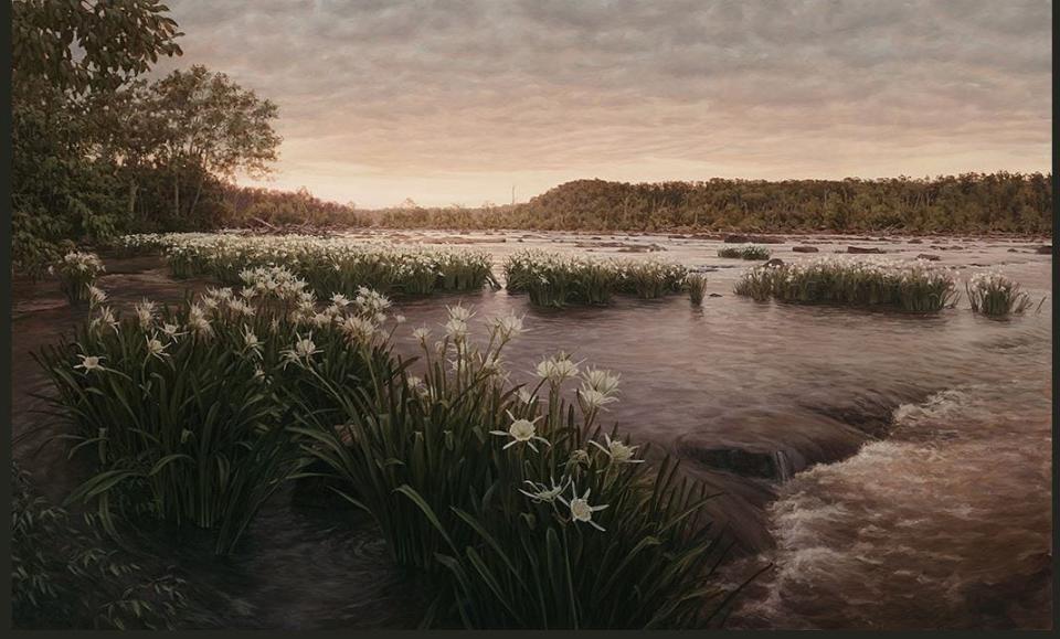 Athens artist Philip Juras painted this scene of Anthony Shoals on the Broad River portraying how the Native Americans would have viewed the river.