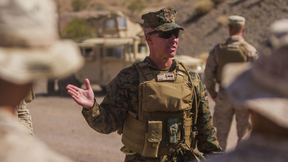 Then-Maj. Gen. Eric Smith, the commanding general for 1st Marine Division, speaks with Marines about training and current events in Twentynine Palms, California, in 2017. (Cpl. Justin Huffty/Marine Corps)