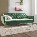 <p>The <span>Novogratz Tallulah Memory Foam Futon</span> ($407-$480) oozes sophistication and style with its button-tufted details and slanted wooden legs. It comes in the prettiest colors like the gorgeous shade of green pictured here, as well as a lovely shade of baby pink - and more. </p><p><strong>What We love:</strong><br></p> <ul> <li>The button-tufted details and rounded lines of this futon evoke a mid-century modern aesthetic that will add so much character to your space.</li> </ul> <p><strong>Who it's best for:</strong> </p><ul> <li>This is best for those who want a futon that makes people "ooh" and "ahh" when they walk in the room.</li> </ul> <p> <strong>Who should avoid it:</strong></p> <ul> <li> <p>While this futon says it contains memory foam, Walmart shoppers aren't entirely convinced that it actually does because of its firmness. </p> </li> </ul> <p><strong>The Details:</strong> <strong>Width:</strong> 83"| <strong>Height:</strong> 32.5" | <strong>Depth:</strong> 33.5" | <strong>Upholstery: </strong>Velvet| <strong>Color Options:</strong> 5</p>